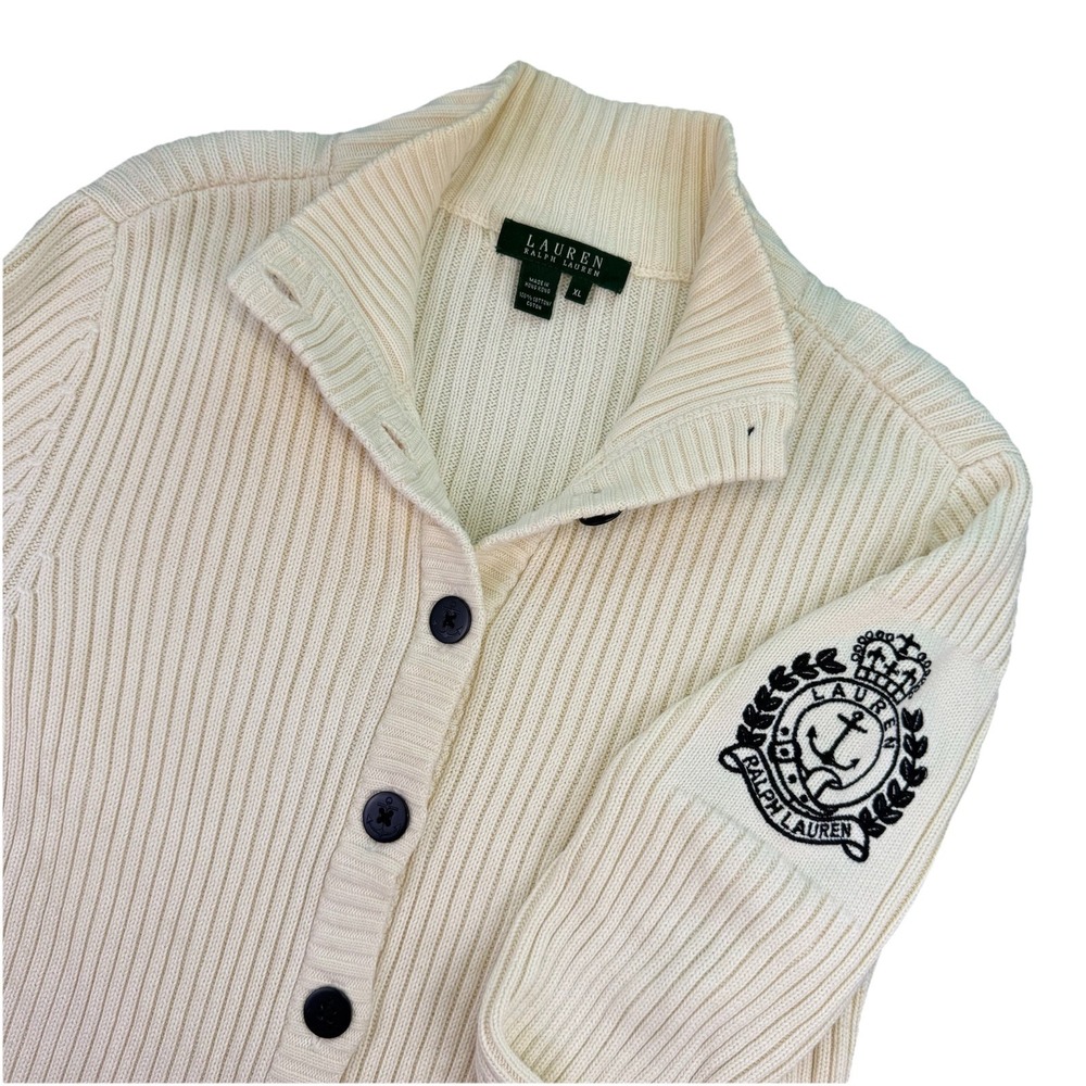 VTG Lauren Ralph Lauren Women's Size XL Ivory‎ Ribbed Cardigan Crest 100% Cotton - Picture 2 of 11